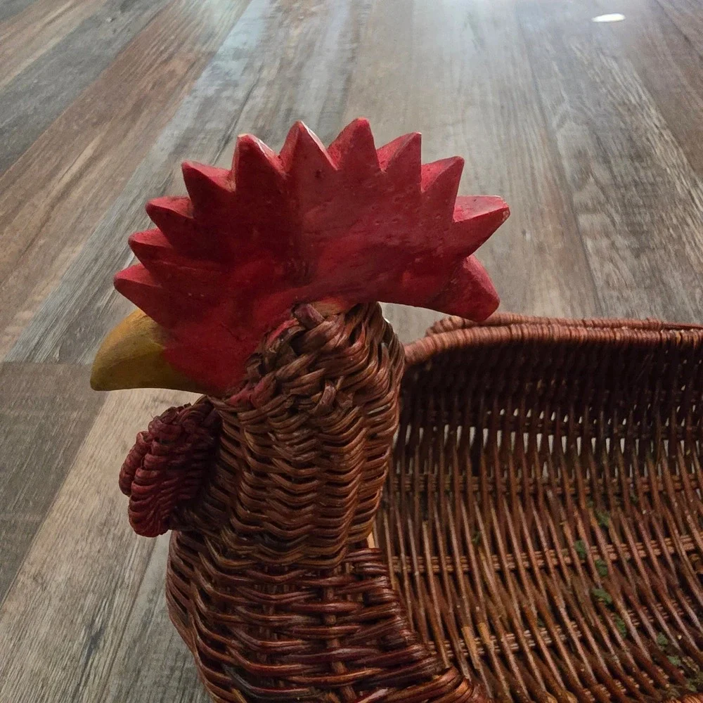 Rooster Woven Basket Wooden Comb Beak Brown Farmhouse Wicker